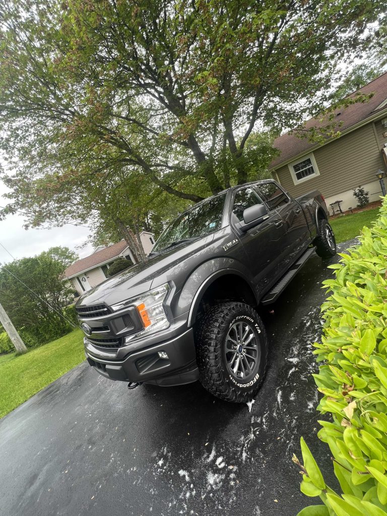 Grey Ford F-150 with crisp reflections after paint correction, shown on a wet driveway near greenery.| none | swirl removal | machine polishing | clear coat refinement